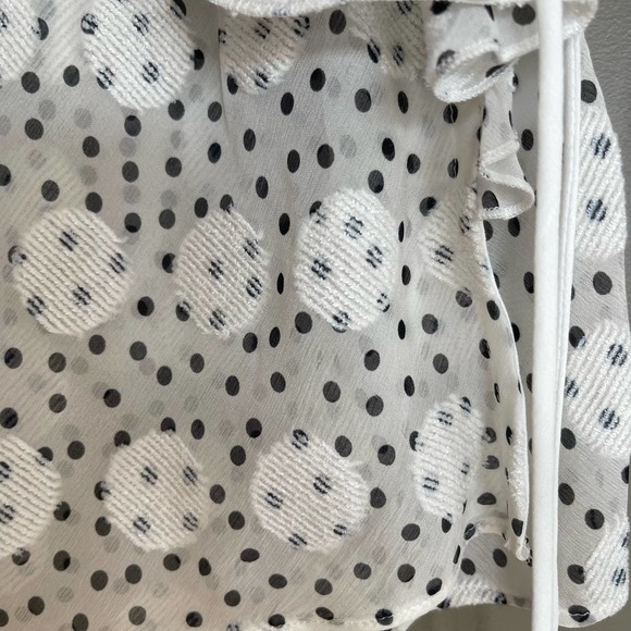 SALONI Iman Silk Wrap Blouse White Black Polka Dot Ruffles Sheer Contemporary - Picture 15 of 16